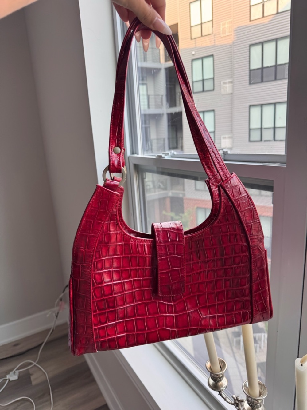 Red Croc-Embossed Shoulder Bag